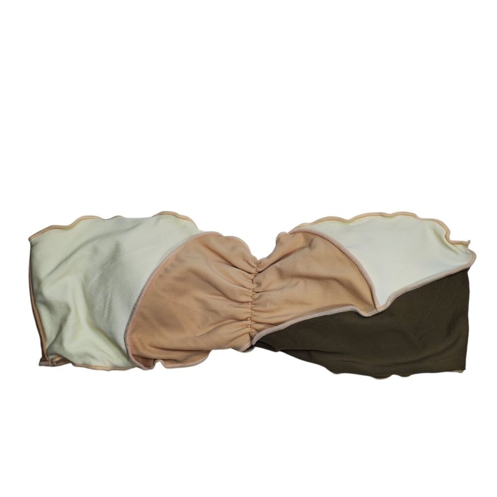 Shein Women's Earthy Cream Brown Patchwork Scalloped Bandeau Bikini Top S‎